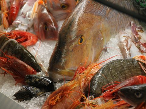 Fresh fish and prawns on ice at the Is-Suq market in Valletta