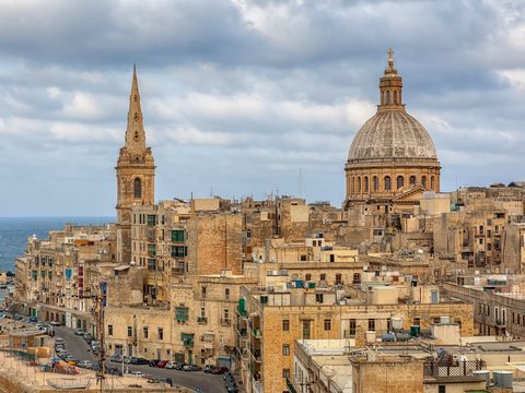Valletta rooftops with the Carmelite dome and St Paul's spire