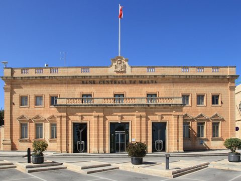 Central Bank of Malta building on a Valletta square