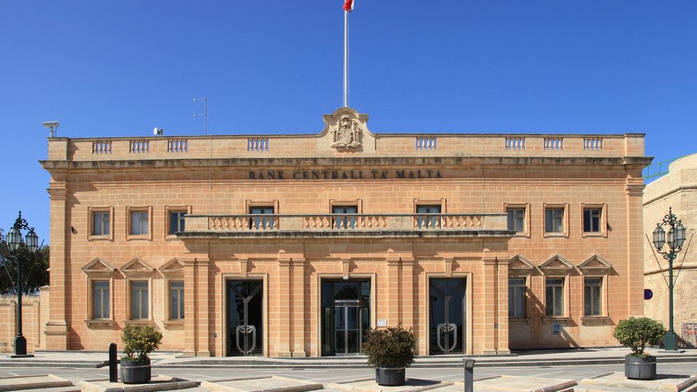 Central Bank of Malta building on a Valletta square