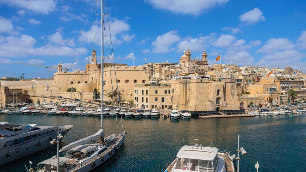 Valletta harbour with yachts and old stone bastions