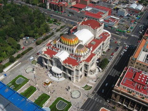 Aerial view of the Palacio de Bellas Artes and its gardens in central Mexico City