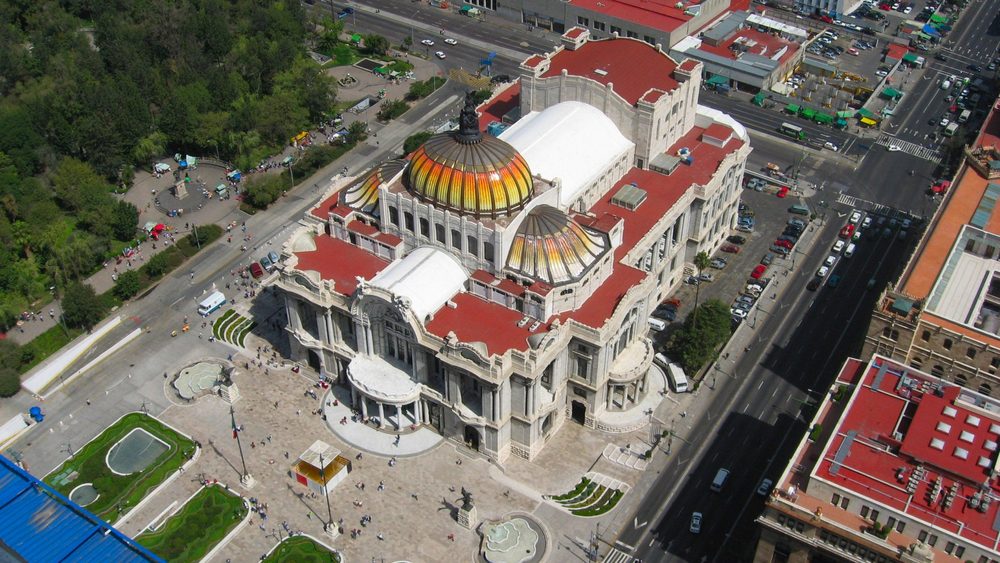 Aerial view of the Palacio de Bellas Artes and its gardens in central Mexico City