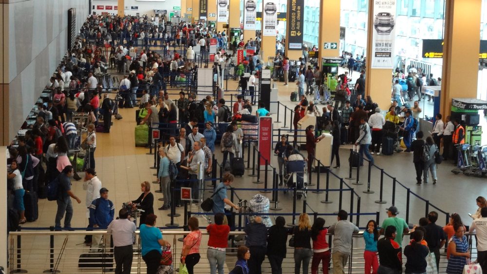 Arrivals and departures crowd inside Jorge Chavez International Airport in Lima, Peru