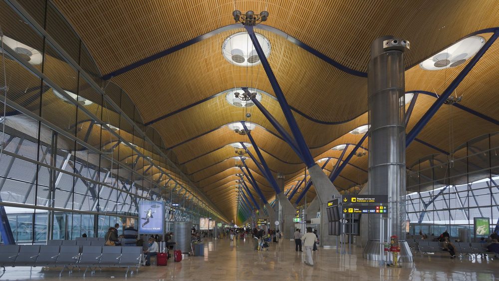 The wavy bamboo ceiling and yellow columns of Terminal 4 at Madrid-Barajas Airport
