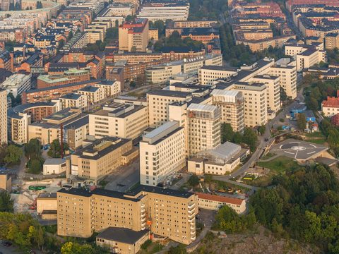 Aerial view of Sodersjukhuset hospital complex in Stockholm