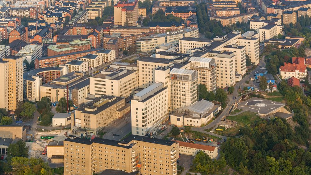 Aerial view of Sodersjukhuset hospital complex in Stockholm