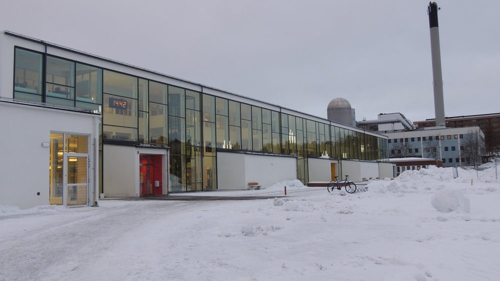 Modern Nyboda school building in Stockholm after a snowfall