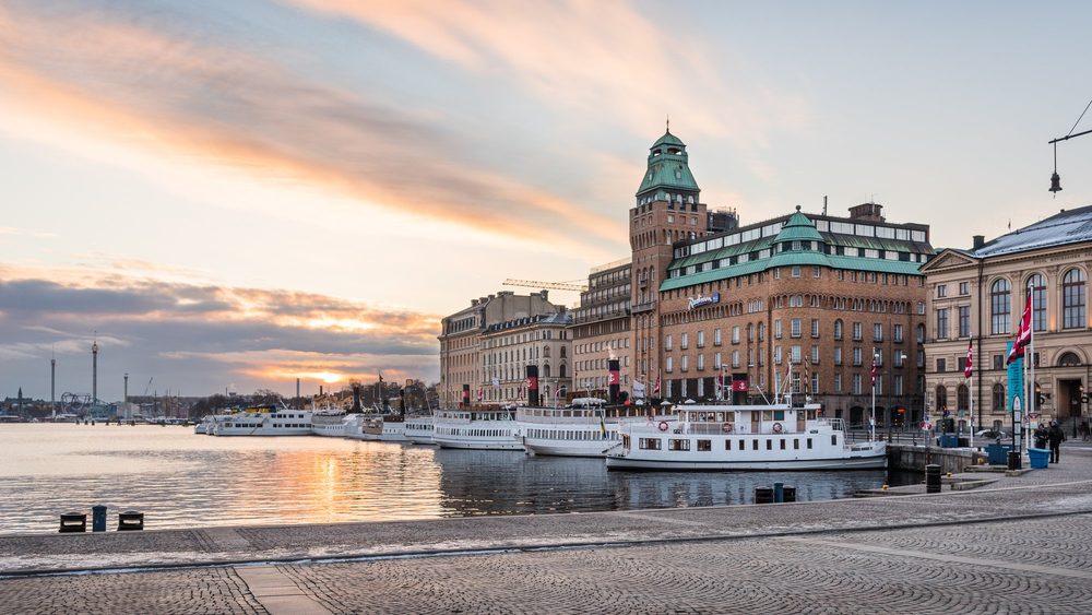 Nybrokajen quay at Blasieholmen in Stockholm at sunset