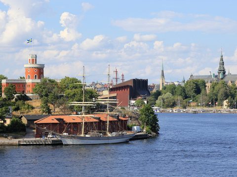 Stockholm waterfront with Kastellet and the Vasa Museum in summer