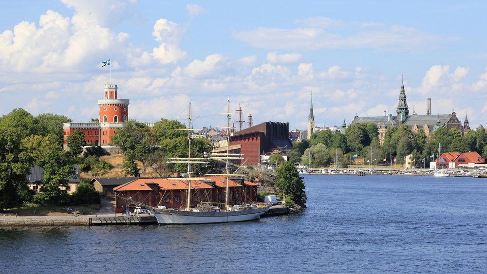 Stockholm waterfront with Kastellet and the Vasa Museum in summer