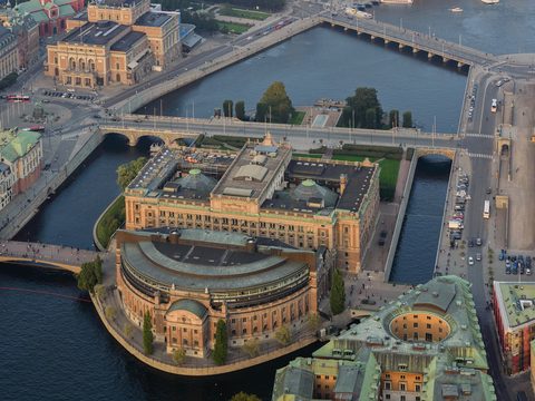 Aerial view of the Riksdag parliament building in central Stockholm