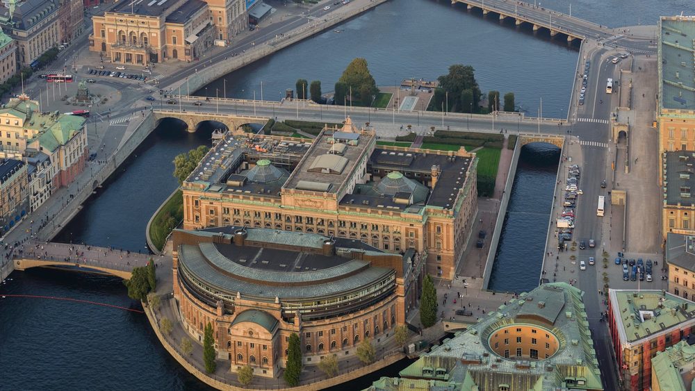 Aerial view of the Riksdag parliament building in central Stockholm