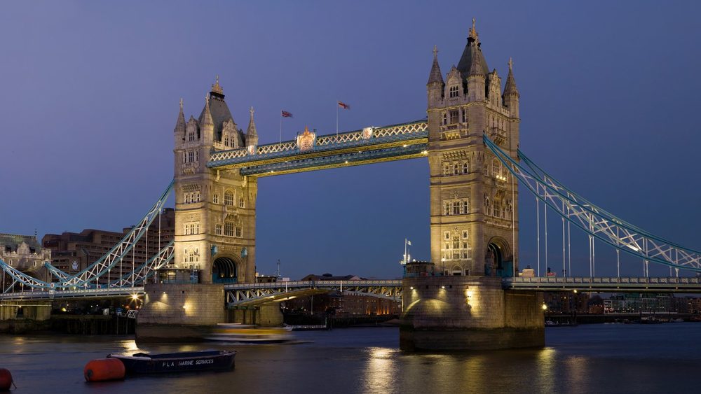 Tower Bridge over the River Thames at dusk in London, United Kingdom
