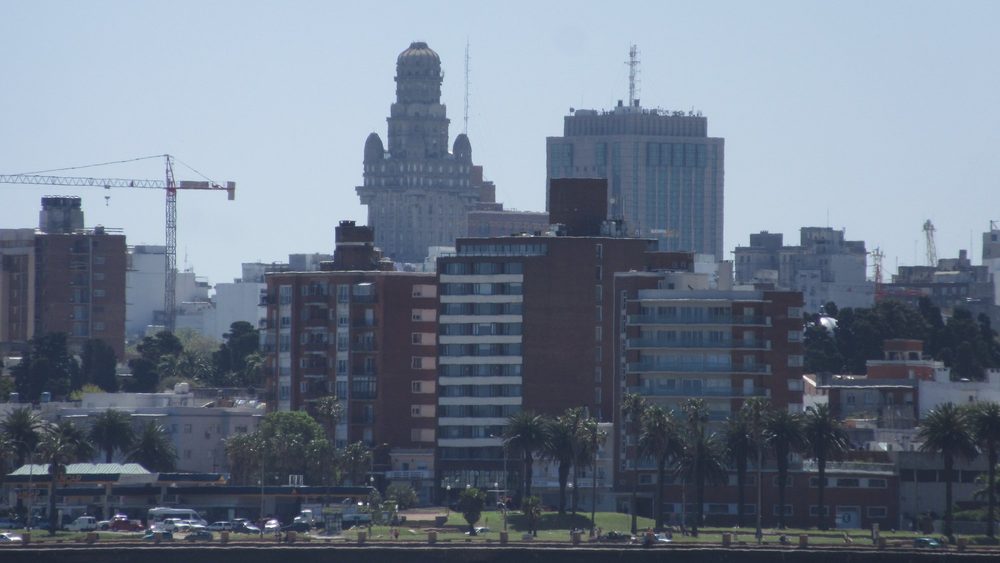 Montevideo city centre seen from the Rambla waterfront in Uruguay