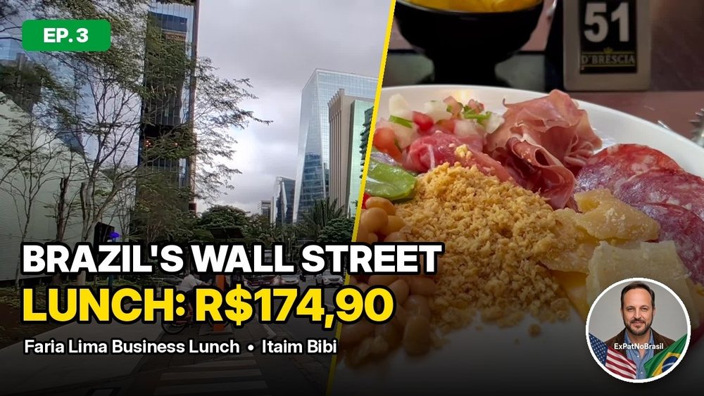 Episode thumbnail: office towers beside a plated lunch, with the title text “Brazil’s Wall Street lunch: R$174,90”