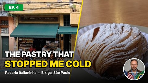 YouTube thumbnail for episode 4: the bakery’s storefront beside a close-up of a flaky pastry, with the title text “The pastry that stopped me cold”