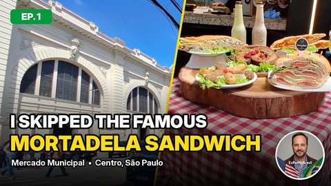 YouTube thumbnail for episode 1: the market building's arched facade beside a mortadella sandwich, with the title text “I skipped the famous mortadela sandwich”